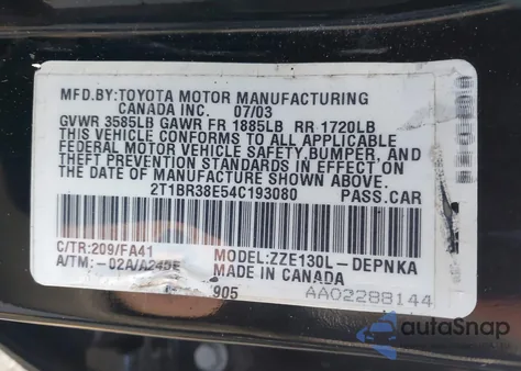 2004 Toyota Corolla Le z USA, uszkodzony, nr VIN 2T1BR38E54C193080